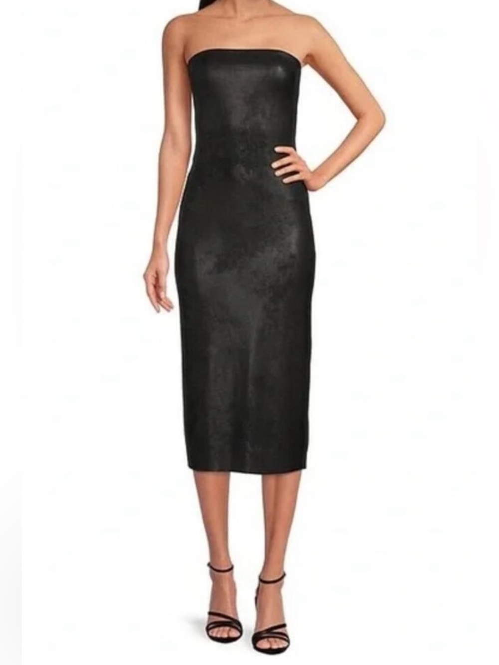Gianni Bini Black Faux Leather Strapless Midi Dress